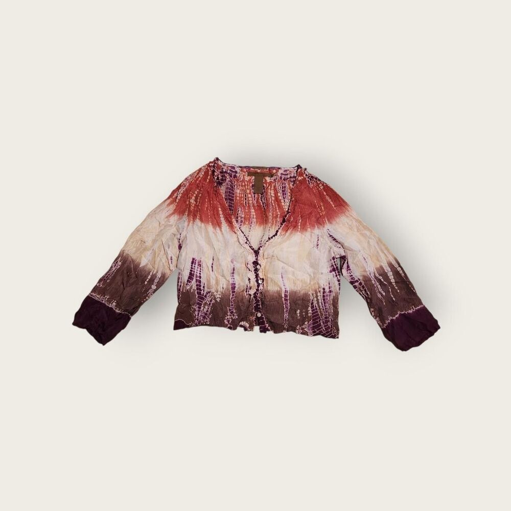 Vintage Y2k Old Navy pink and brown tie dye boho flowy button down 3/4 shirt